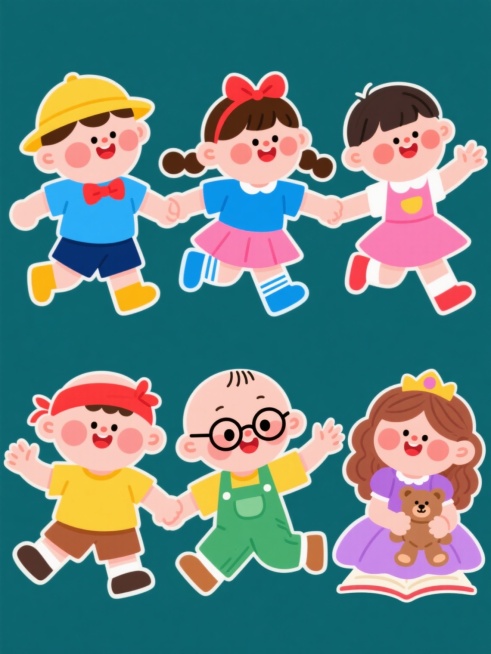 一套6个儿童系列插画素材，保持可爱卡通风格，每个孩子都有圆胖脸型、红扑扑脸颊、水汪汪大眼睛和灿烂笑容。采用明亮鲜艳的色彩搭配，孩子们造型各异：一个戴黄色帽子穿蓝色上衣和深蓝色短裤，一个戴黄色帽子配红色蝴蝶结穿蓝色上衣和粉色短裙，一个扎双马尾穿粉色连衣裙，一个短发戴眼镜穿绿色背带裤，一个光头戴红色头巾穿黄色T恤和棕色短裤，一个长卷发穿紫色公主裙。每个孩子动作多样，有的牵手奔跑，有的挥手打招呼，有……预览效果