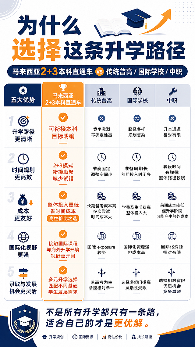 小红书竖版图文，对比马来西亚2+3本科直通车相比传统普高、国际学校、中职的五大优势，表格化排版，文字清晰对比分明，超级高清，简约醒目设计风格，主题为为什么选择这条升学路径