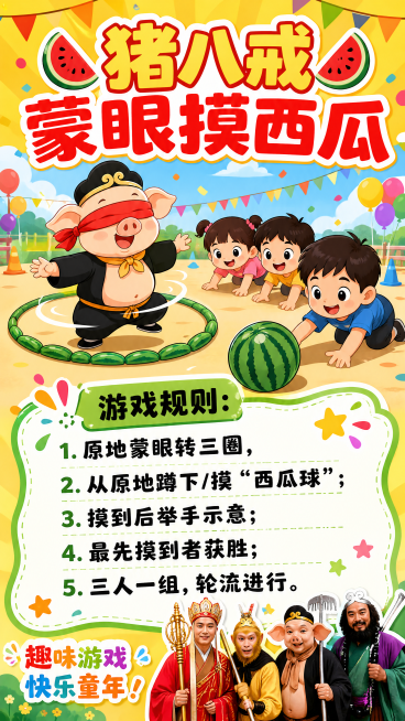 竖版海报，顶部是黄红色卡通大字标题"🍉猪八戒蒙眼摸西瓜🍉"，标题下方插图区包含猪八戒简笔画、西瓜球呼啦圈、小朋友爬行摸球，下半部分是加粗黑绿色字体书写的游戏规则："游戏规则：1. 原地蒙眼转三圈，预览效果