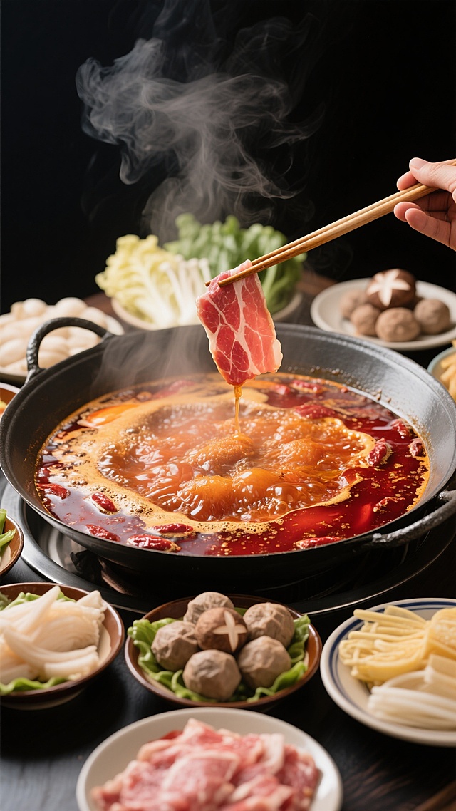 高角度俯拍的沸腾火锅特写，浓郁的红色汤底翻滚冒泡，蒸汽氤氲缭绕，一双筷子正夹起一块鲜嫩的肉片悬于锅上方，周围环绕着多盘各色新鲜食材如蔬菜、丸子、菌菇等，整体画面采用深色背景突出食物色彩，光影对比强烈，聚焦清晰，营造出热气腾腾、诱人食欲的餐饮氛围，具有专业美食摄影的质感和细节。
