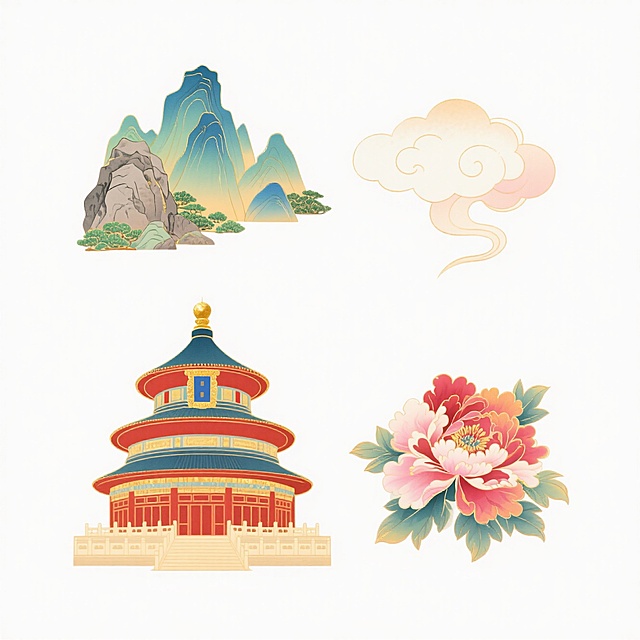 4个物品组合。第一个：山脉；第二个：祥云；第三个：天坛；第四个：牡丹。白色背景，上下两行，排列整齐