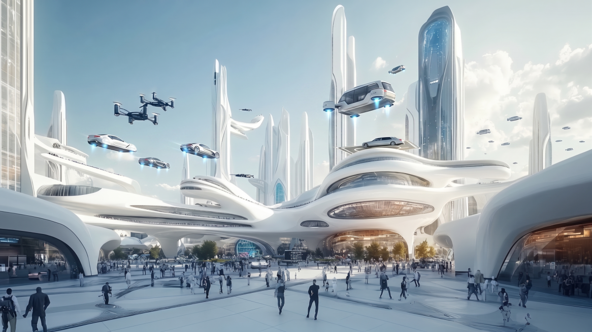 参考原图的未来城市建筑群风格，增加飞行汽车在建筑群之间飞行，保持整体画风和结构不变，画质清晰预览效果