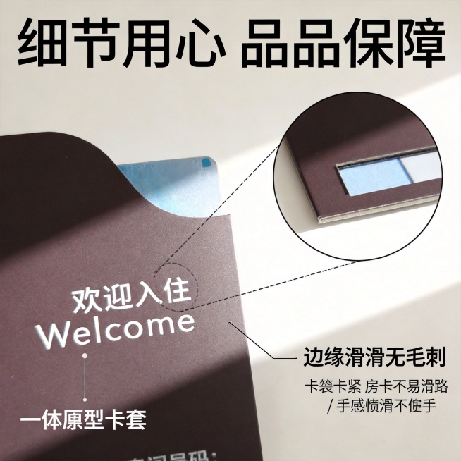 [主图-3] 房卡套材质细节展示图。
[氛围风格] 特写质感，突出工艺细节；
[画质] 商业摄影质感、光线柔和通透、产品清晰真实、画面干净高级。
[元素] 放大镜放大房卡套的卡槽和边缘区域，展示一体成预览效果