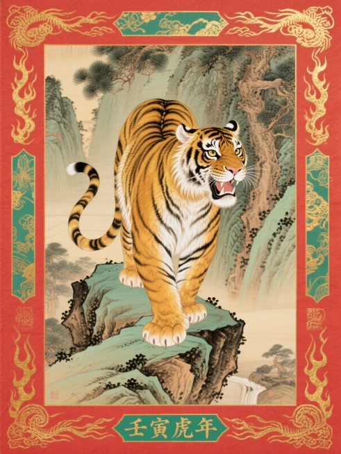 传统工笔年画风格，中心是一只威风凛凛的生肖虎，身披金色鬃毛，脚踏山石，背景是茂密山林，四角有松柏和火焰纹样，底部有“壬寅虎年”文字，高饱和红金绿配色，线条细腻繁复，烫金质感预览效果