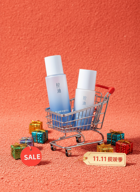 以红橘细腻粉末纹理为背景，中央是银色购物车，图内商品被装入购物车内，周围散落彩色礼盒、写着"SALE"、“11.11 狂欢季”的促销标签，整体营造购物氛围。预览效果