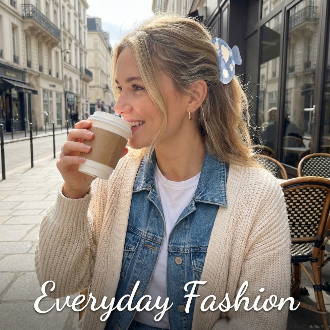 A European and American woman in casual daily wear, wearing this light blue cloud-patterned claw cli预览效果