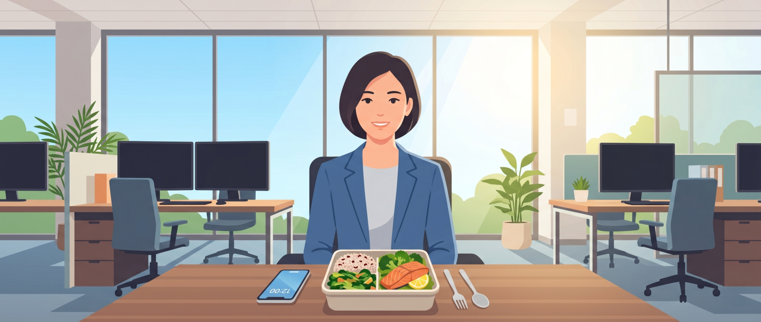 一位年轻职场女性坐在办公室工位上，面前的手机显示时间12:00，旁边放着一份健康午餐盒，包含杂粮饭、蔬菜和鱼肉，背景是明亮的办公环境，窗外阳光洒入，扁平插画风格预览效果