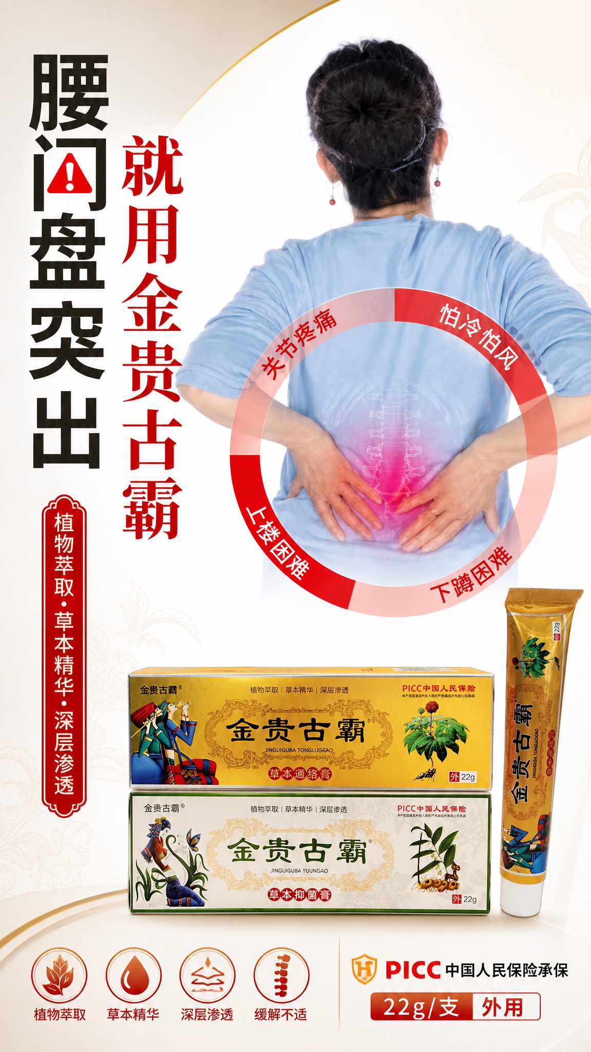 基于图1的腰间盘突出科普海报版式和氛围，将图2中的金贵古霸产品… - 图片创意预览