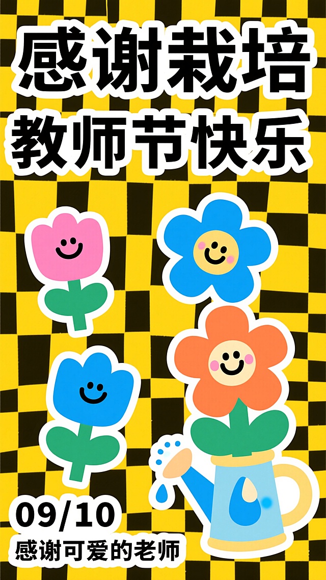 童趣剪纸风，明亮黄底棋盘格，粗白描边平涂色块，黑色字标题“感谢栽培”+“教师节快乐”标语，搭配拟人花朵（粉/蓝/橙，带笑脸表情）、浇水壶（水滴装饰），补充日期“09/10”与”感谢可爱的老师”