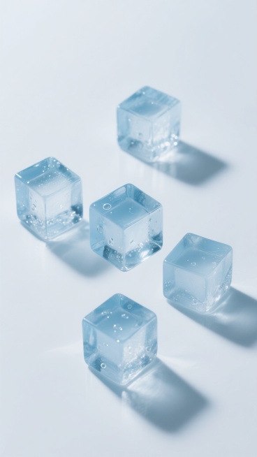 五个透明的冰块立方体，每个冰块都有清晰的棱角和内部气泡，表面光滑且有光泽，呈现出淡蓝色的透明质感，冰块悬浮在纯白色的背景上，光线从上方照射，在冰块底部形成淡淡的阴影，整体画面简洁干净，突出冰块的晶莹剔透和立体感。预览效果