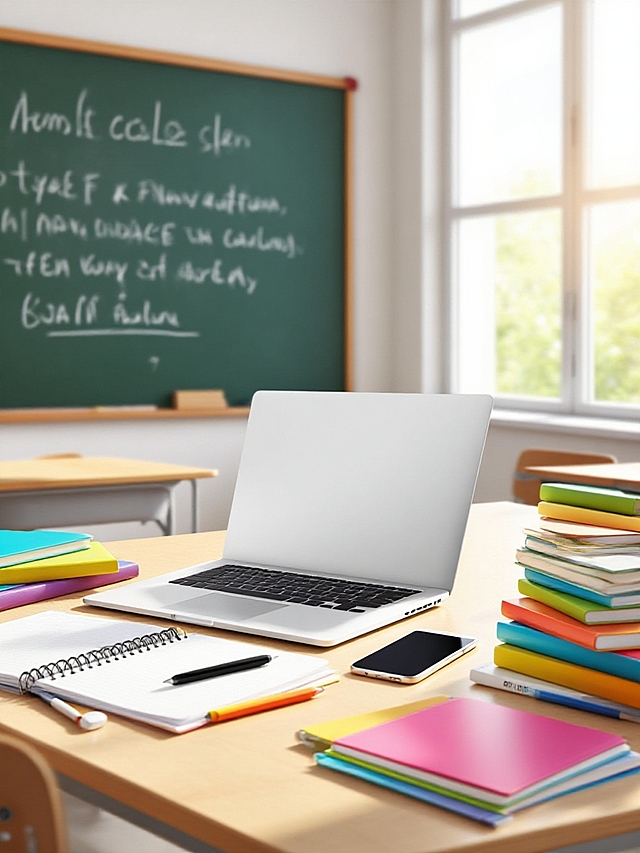 现代简约教室，清新舒适实景，色彩明亮书籍与笔记本，体现学习氛围。