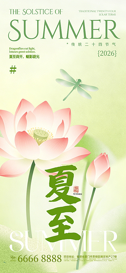 夏至清新荷花肌理插画通用节气祝福全屏竖版海报