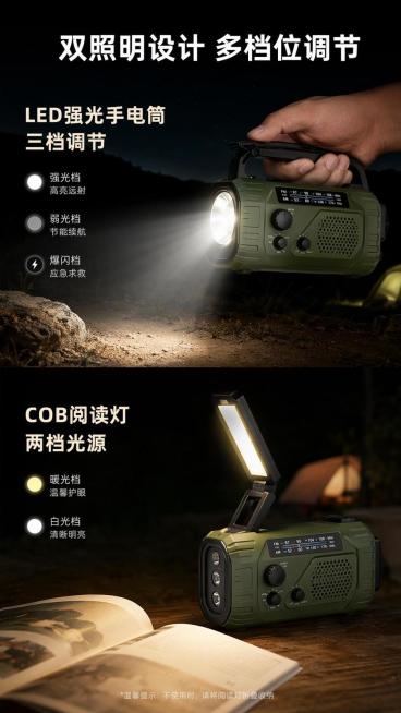 [第6屏] 多功能照明展示-手电筒与阅读灯双照明设计。本屏使用【图2】作为商品主体，分别展示两种照明功能。
[氛围/风格] 夜间户外场景，真实氛围感，突出照明效果。
[元素布局] 通屏上下排版，上半展预览效果