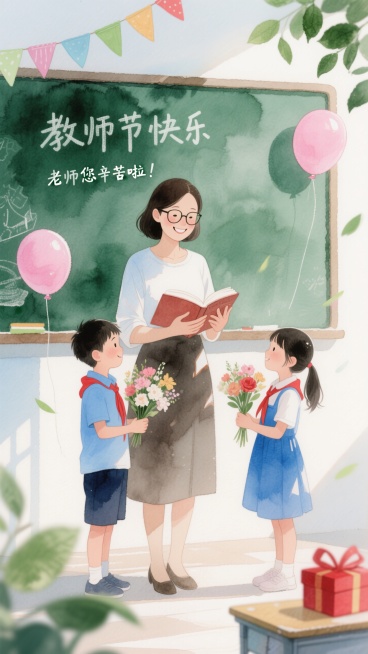 画面主体是一位戴着眼镜面带微笑的女教师，她双手捧着一本打开的书，看向书旁站着两个向她献花的孩子，男孩穿蓝色上衣和深色短裤，女孩穿蓝色连衣裙。背景是绿色黑板，上面写着 “教师节快乐” 和 “老师您辛苦啦预览效果