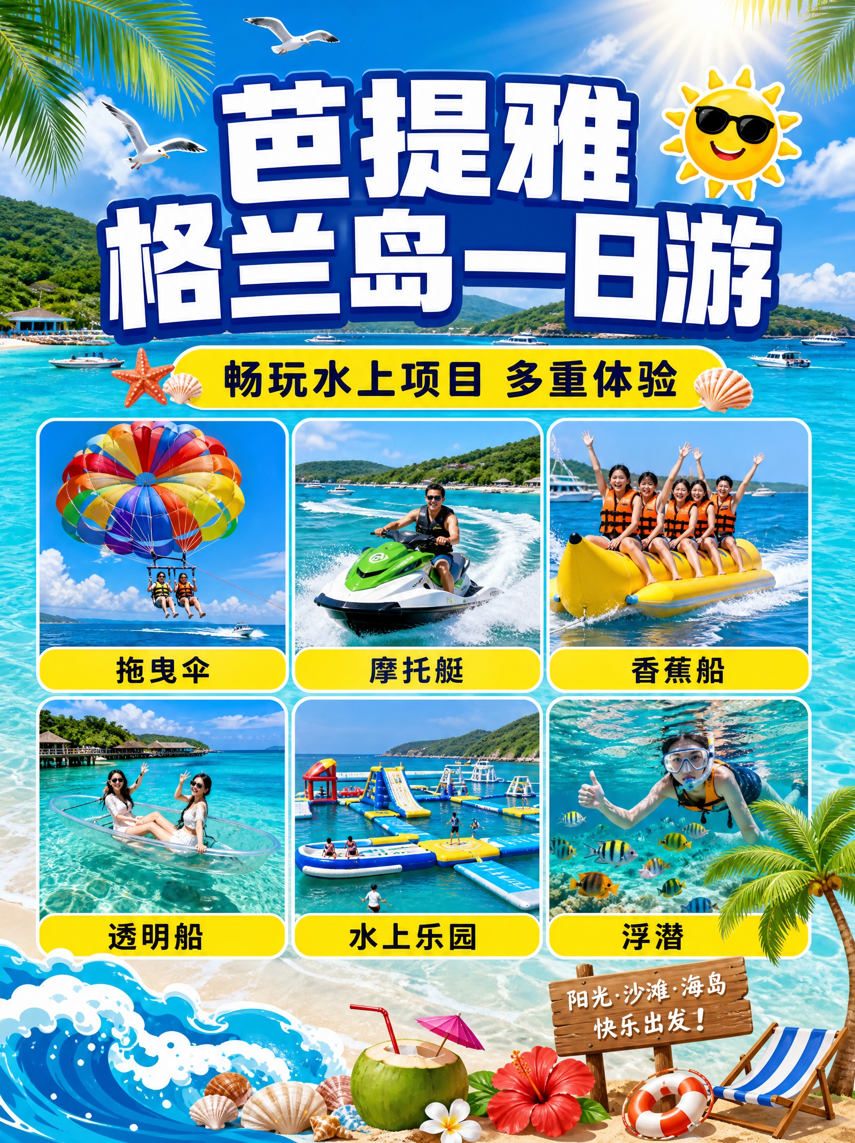芭提雅海岛一日游宣传海报，竖版3:4比例，明亮热带海岛风格，排… - 图片创意预览