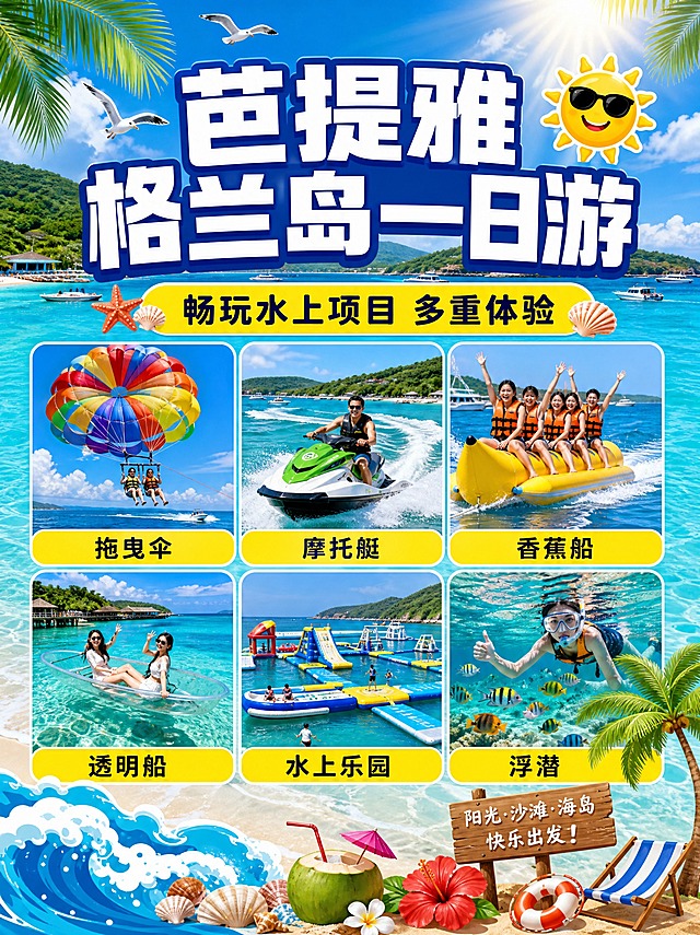 芭提雅海岛一日游宣传海报，竖版3:4比例，明亮热带海岛风格，排版清晰。

顶部大标题区：
大标题："芭提雅格兰岛一日游"，超大白色粗体字配深蓝色描边，非常醒目
小标题："畅玩水上项目 多重体验"，黄色背景深色粗体字标签

六宫格配图区（2行3列），每张配图下方配黄色底色说明文字条：
第一行：
左图：海上拖曳伞飞行场景，下方文字"拖曳伞"
中图：海上摩托艇疾驰场景，下方文字"摩托艇"
右图：游客乘坐香蕉船在海上欢乐前行，下方文字"香蕉船"

第二行：
左图：透明底小船在清澈海面上，下方文字"透明船"
中图：海上充气浮台与水上娱乐设施，下方文字"水上乐园"
右图：游客在清澈海水中浮潜看鱼，下方文字"浮潜"

底部装饰：海浪、椰子树、太阳、海鸥、贝壳等热带海岛元素

背景：明亮的格兰岛海岛风光，碧蓝清澈的海水，白色沙滩，阳光明媚，蓝天白云，色调以蓝色、蓝绿色、黄色为主，明亮鲜艳。

视觉风格：明亮热带海岛风，高饱和色彩，阳光感强，活力十足，排版清晰醒目，信息层次分明，整体感觉欢乐、度假。四边留安全边距。

严禁生成任何二维码图案或二维码占位区域。所有信息区域必须填充完整内容，不得出现空白框。