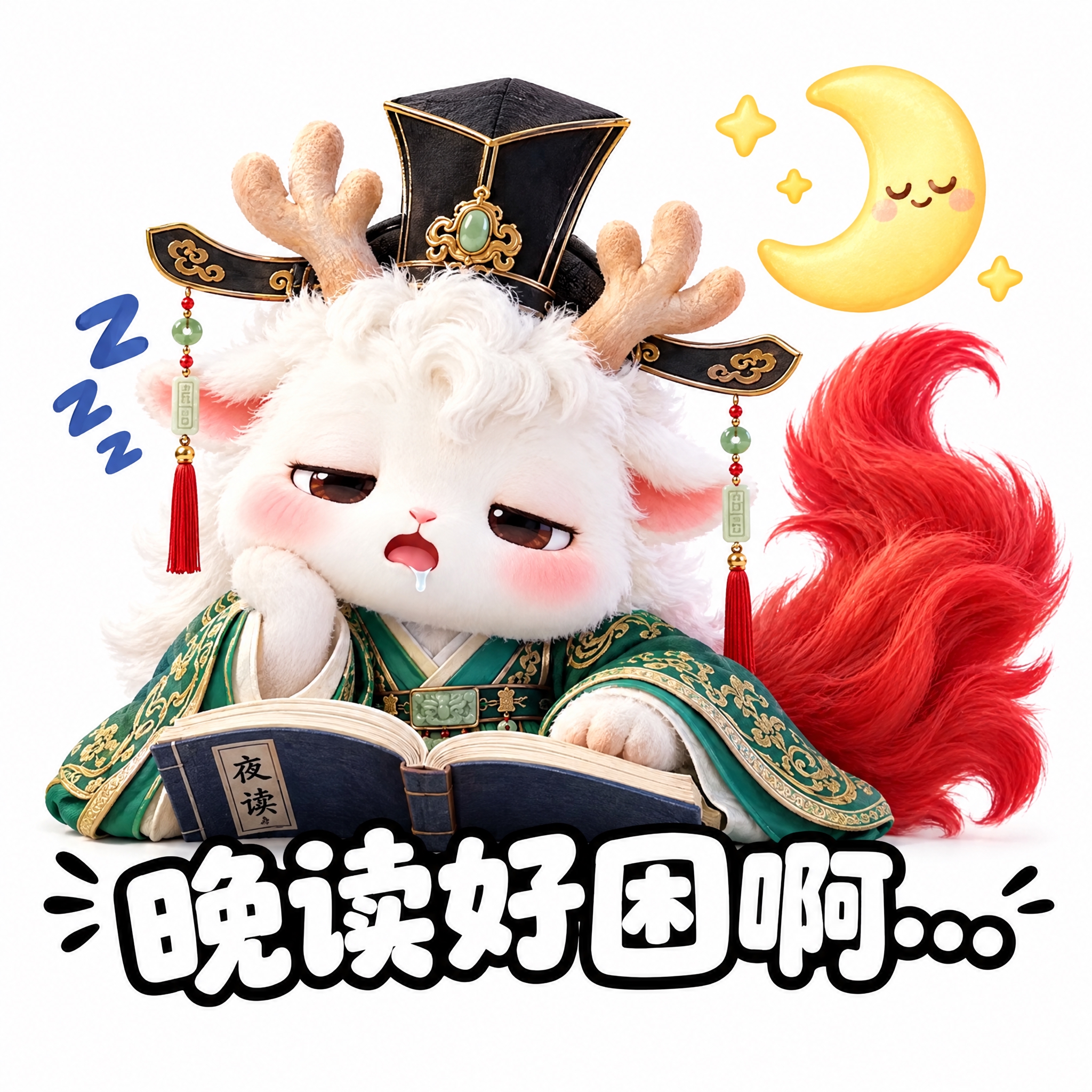参考图中的白色鹿角神兽（穿绿色汉服、戴黑色官帽、红色尾巴），做… - 图片创意预览
