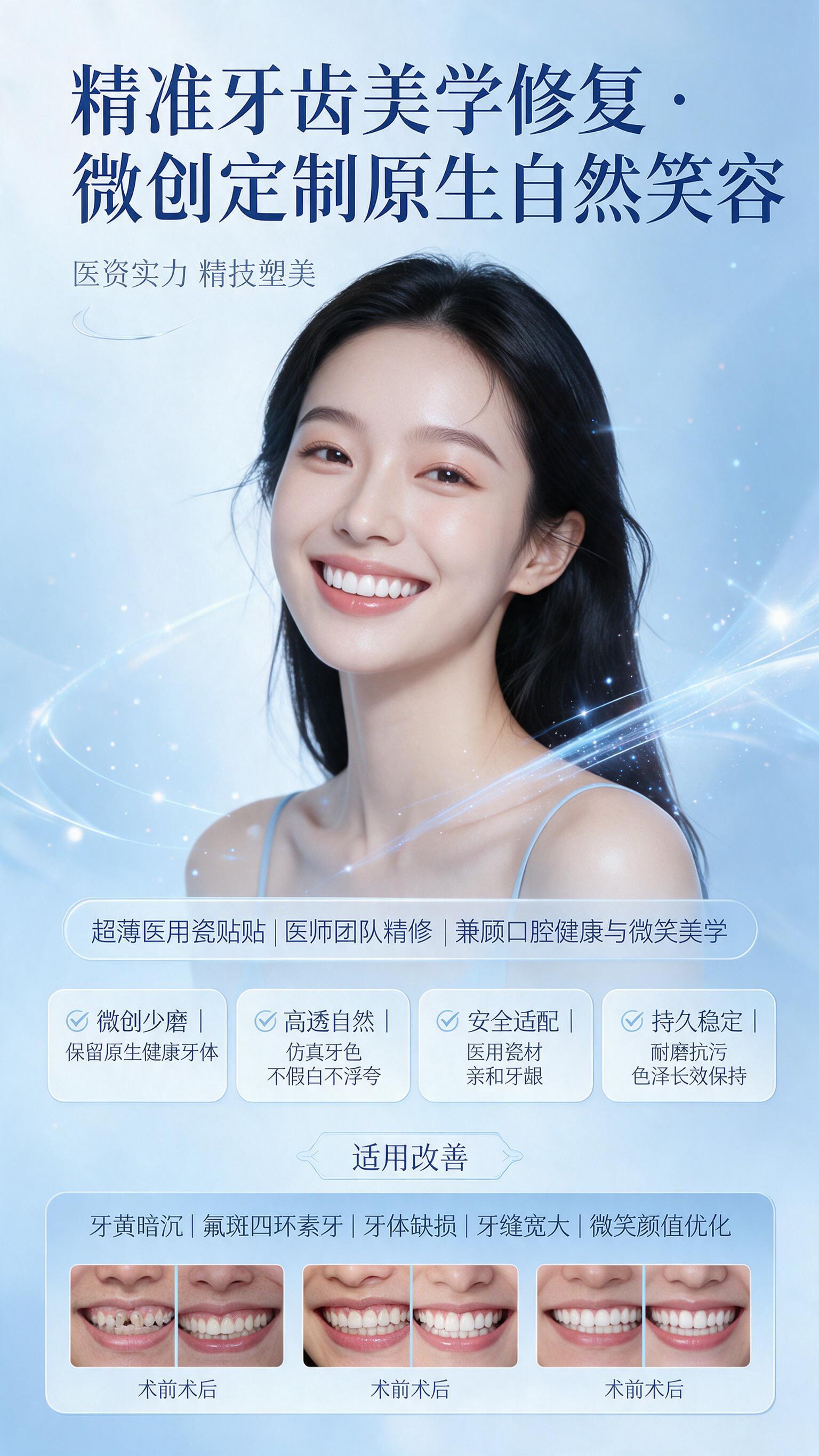 参考上传图片的医美高端简约风格，设计浅蓝色系牙齿美学修复易拉宝… - 图片创意预览