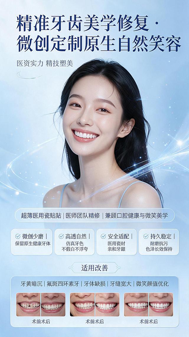 参考上传图片的医美高端简约风格，设计浅蓝色系牙齿美学修复易拉宝展架画面，竖版9:16比例。画面顶部大标题文字"精准牙齿美学修复 · 微创定制原生自然笑容"，副标题"医资实力 精技塑美"。中间部分展示一位微笑露齿的气质女性，牙齿洁白整齐，笑容自然，周围有浅蓝色光泽装饰。下方文字区域：第一行"超薄医用瓷贴面｜医师团队精修｜兼顾口腔健康与微笑美学"；然后四个带对勾的优势项："✅ 微创少磨 | 保留原生健康牙体"、"✅ 高透自然 | 仿真牙色 不假白不浮夸"、"✅ 安全适配 | 医用瓷材 亲和牙龈"、"✅ 持久稳定 | 耐磨抗污 色泽长效保持"；再下方"适用改善"标题，内容"牙黄暗沉｜氟斑四环素牙｜牙体缺损｜牙缝宽大｜微笑颜值优化"。画面底部排列3张牙齿美白前后对比案例小图，展示修复效果。整体风格高端医美风，浅蓝渐变背景，干净通透，排版精致有层次感，文字清晰易读，专业医疗美学质感。