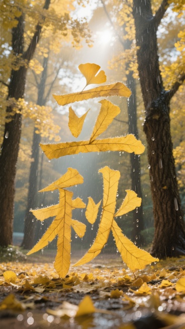 银杏树叶组成了 ”立秋“；背景是温暖高大的银杏树林，阳光洒下，细雨飘飘，中镜头，高质量图片。预览效果