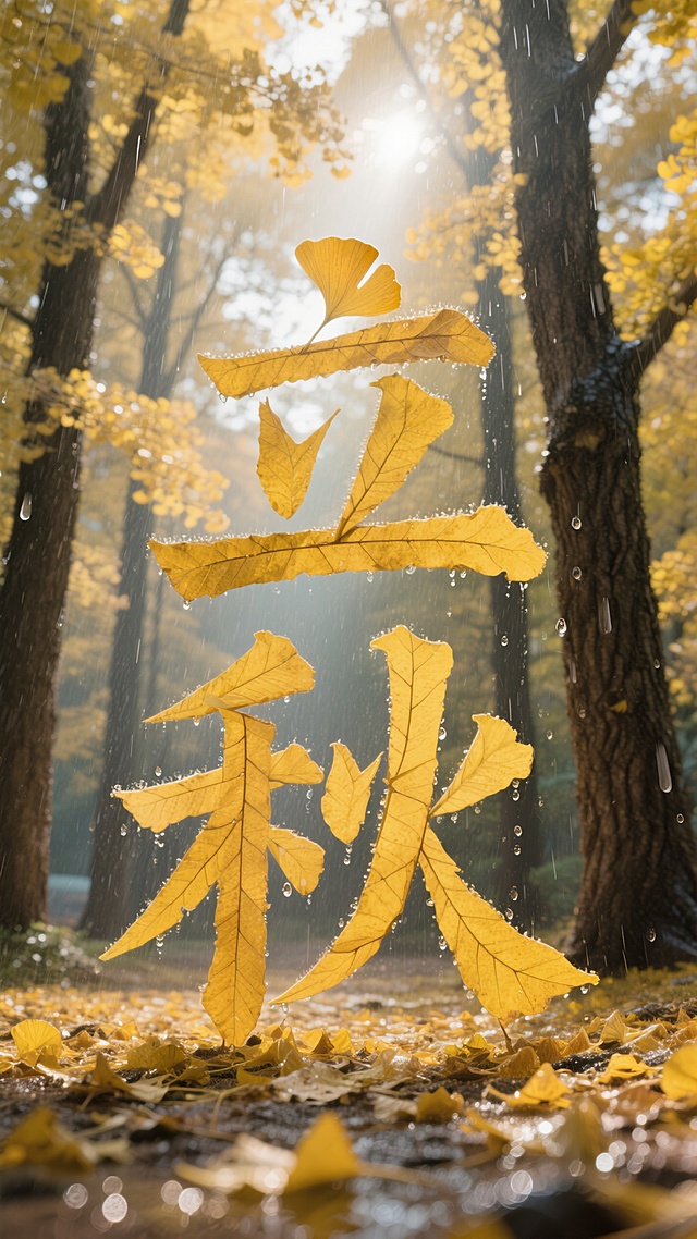 秋雨中，落叶拼成“立秋”大字，光影交织，清新文艺，印象画派风格。