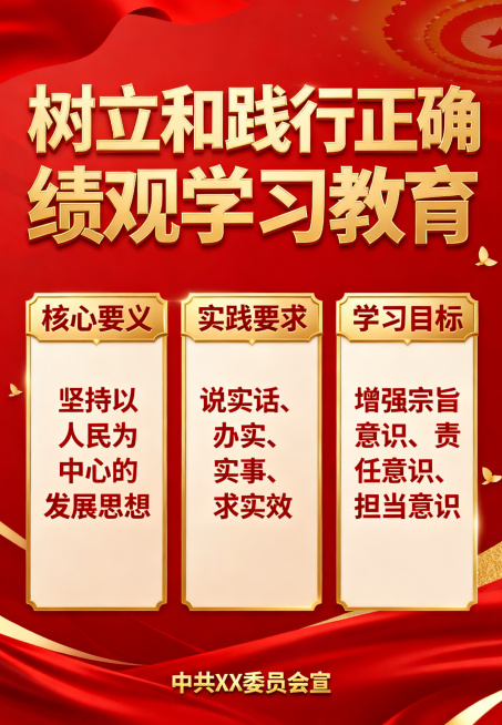 树立和践行正确政绩观学习教育展板，党政风格，红色为主色调，搭配金色元素，布局规整庄重，包含相关主题文字内容预览效果