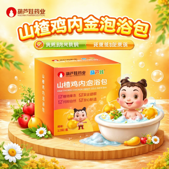 拼多多1:1产品主图，葫芦娃药业山楂鸡内金草本儿童泡浴包，展示卖点：采用植物草本成分，安全提取，纯粹自然，使用安心舒适，童趣可爱风格，橙黄色暖色调，1:1比例，主体下方有衬托，儿童泡澡场景背景，清晰突预览效果