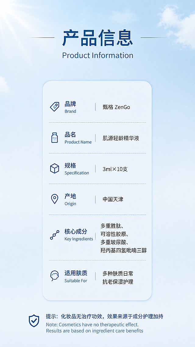 去掉左侧的精华液产品瓶，将右侧的产品信息卡片整体移到画面中央居中显示，信息卡片内容、图标、文字、排版样式保持不变；顶部「产品信息 Product Information」标题保持居中，底部合规提示文字保持居中；背景保持浅天蓝色晴空+白色软云+太阳光晕的清透风格不变，整体画面干净清爽。