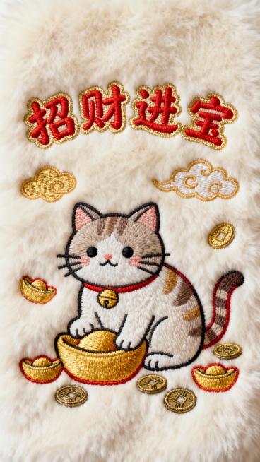一幅以暴富发财为主题的毛绒质感刺绣风格图像，画面主体为金色元宝旁，有一只招财猫、周围有立体刺绣的金色祥云和散落的铜钱、金元宝，背景是纯净的米白色毛绒材质，整体保持细腻的刺绣纹理和温暖柔和的光影效果，色预览效果