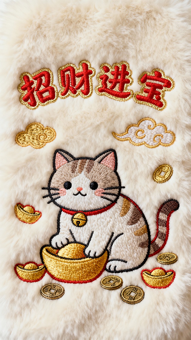 刺绣风中式招财猫，拟人化设计，手持金元宝，环绕铜钱与祥云，配“招财进宝”字样，喜庆可爱，国潮感十足。
