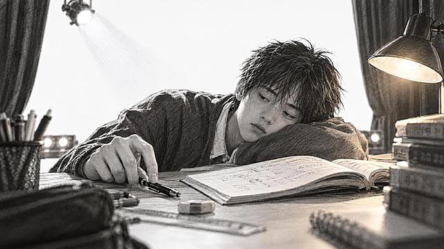 铅笔手绘风格，纯黑白无其他色彩，舞台场景无背景纯白底色。中近景固定镜头，一名学生趴在书桌上，身体松垮，脑袋歪靠在手臂上，手指拨弄文具，书本摊开却一眼不看，神态懒散懈怠。书桌上有文具书本等道具，舞台侧幕和脚灯，冷白顶光与暖黄台灯形成对比光线，浅景深效果，电影感构图，低饱和色调，16:9画幅比例