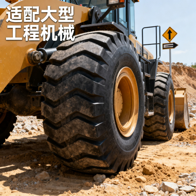 [主图 4] 装载机铲车轮胎真实工况场景展示。[氛围风格] 真实工程场景，硬朗工业氛围；[画质] 商业摄影质感、光线自然通透、产品清晰真实、画面干净高级。[元素] 装载机铲车轮胎安装在工程铲车上，在砂预览效果