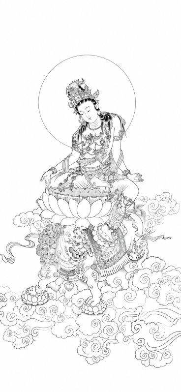 参考图片构图与内容，去掉所有颜色，转为黑白线稿风格，强调清晰的线条，保留原有祥云、人物、狮子和莲花的细节结构预览效果