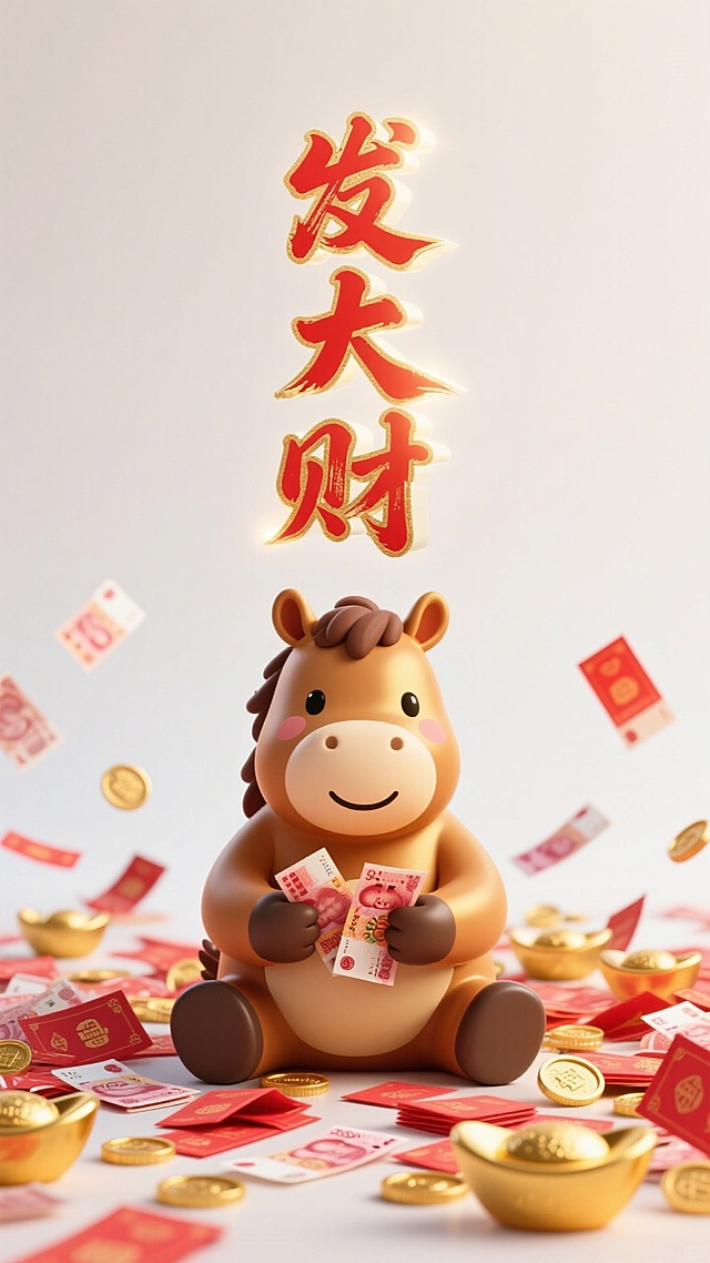 软3D风卡通马手持红包，鎏金元宝与钞票环绕，喜庆感十足，重拟物设计搭配“发大财”烫金字样，节日氛围浓厚。