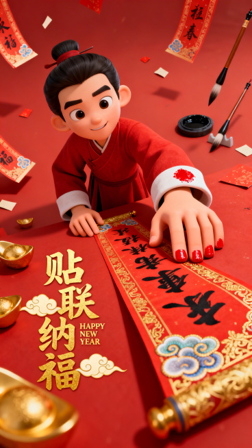 萌系 3D 卡通风格，营造新年喜庆且温馨的视觉氛围。大透视构图，俯视角度，超广角镜头拍摄的人物，呈现人物手与镜头互动的贴附感，画面以双手贴超大春联为主导视觉，主体是身穿红色长衫的萌系书生，双手向镜头方预览效果