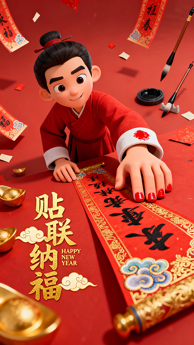 软3D卡通风格，国潮元素融合鎏金浮雕质感，喜庆红金配色，童趣人物贴春联，传递新年纳福氛围。