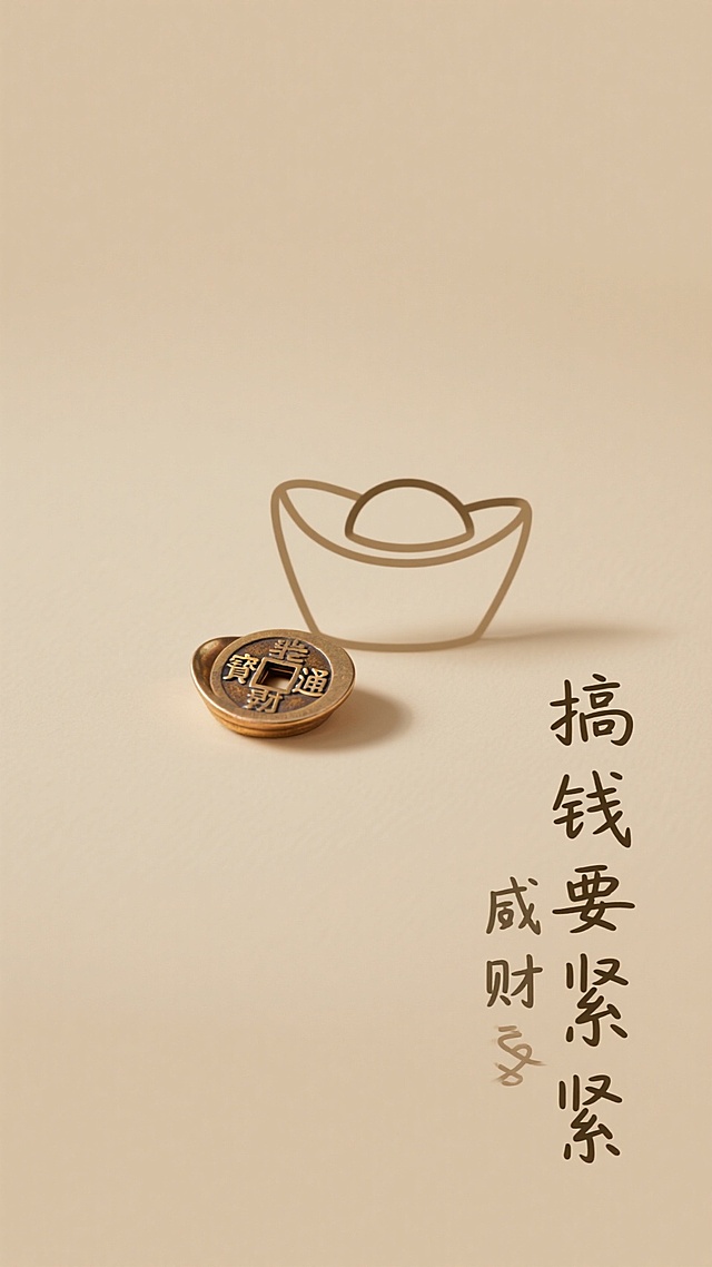 简约 ins 发财壁纸，低饱和度米金色背景，极简线条勾勒铜钱与小元宝，角落点缀‘搞钱要紧’手写体文字，留白充足，柔和阴影增加层次感，无多余元素