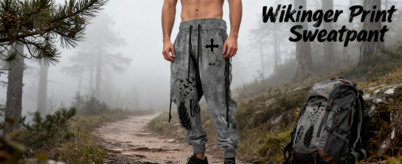 硬朗型德国男士站在薄雾林间步道旁，身着Wikinger Print Sweatpant，裤身的维京风格印花与自然氛围呼应；背景是登山背包+松枝，色调冷灰沉稳。文字（画面右上角角落，深黑手写斜体字）：W预览效果