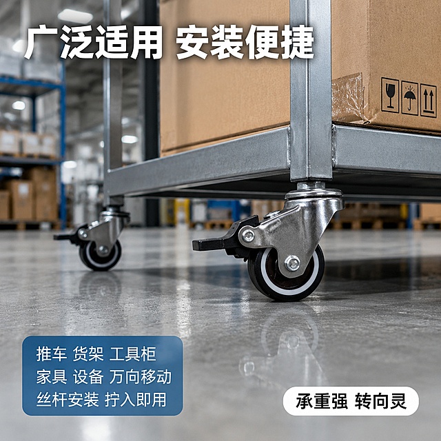 [主图-5] 脚轮安装应用场景图，展示脚轮安装在工业推车/货架底部的实际使用状态。
[氛围风格] 1688工业风，真实工厂/仓库场景，专业实用；
[画质] 商业场景摄影质感，产品清晰，场景真实自然，光线通透。
[元素] 画面展示工业金属推车底部一角，四个脚轮（其中两个可见）安装在推车底部金属架上，推车放置在工厂车间灰色环氧地坪上。脚轮为带刹车丝杆款，丝杆拧入推车底部安装孔，安装牢固。推车承载着几个纸箱，体现承重使用状态。背景为虚化的工厂仓库环境，有货架、包装箱等元素，营造真实工业场景氛围。前景脚轮清晰锐利，背景逐渐虚化突出主体。保持脚轮产品外观（物理结构、材质质感、颜色、刹车拨片、丝杆、PU轮白边）与输入产品图绝对一致，杜绝变形色差，脚轮与推车安装连接真实合理，丝杆完全拧入安装孔，无悬浮错位。
[光影] 顶部工业厂房柔光照明，地面有柔和反光，脚轮金属部分有清晰高光，整体光线自然真实，有工业场景的空间感。
[配色] 主色金属银灰；辅色工业蓝、地坪灰、纸箱棕黄、背景冷灰。
[视角构图] 低角度仰视视角，聚焦推车底部脚轮，推车底部结构与脚轮为视觉中心，背景仓库环境虚化，景深中等。
[文字版式] 左上角主标题"广泛适用 安装便捷"，白色粗体大字带轻微深色描边叠加在场景上部。左下角蓝色半透明圆角卡片，三行白字："推车 货架 工具柜""家具 设备 万向移动""丝杆安装 拧入即用"。右下角白色圆角标签，黑字标注"承重强 转向灵"。所有文字不遮挡脚轮主体，清晰可读。
[输出要求] 1:1比例，文字清晰锐利，超高清场景摄影质感。
[负向提示词] 变形，文字错乱，产品模糊，水印，电商平台Logo，人物面部，手指畸形。