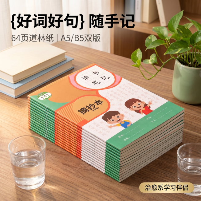 [主图-1] 家居治愈风首图：读书笔记本好词好句摘抄本场景化展示；
[氛围风格] 温馨自然光居家书桌场景，静谧治愈感，低饱和柔焦氛围；
[画质] 商业级高清摄影质感，光线通透柔和，产品细节清晰锐利，画预览效果