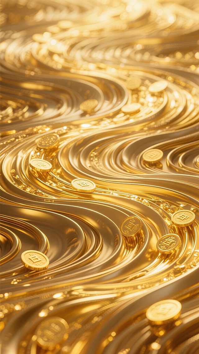 金色金属拉丝质感背景，以流畅的波浪线条构成，呈现出温暖明亮的光泽，金色水流形态自然蜿蜒，其间点缀着闪耀的金币，整体营造出庄重典雅的中式氛围，彰显国运昌荣的吉祥寓意，视觉层次分明，金色调统一和谐，线条动感十足，给人以繁荣昌盛、源源不断的视觉感受。