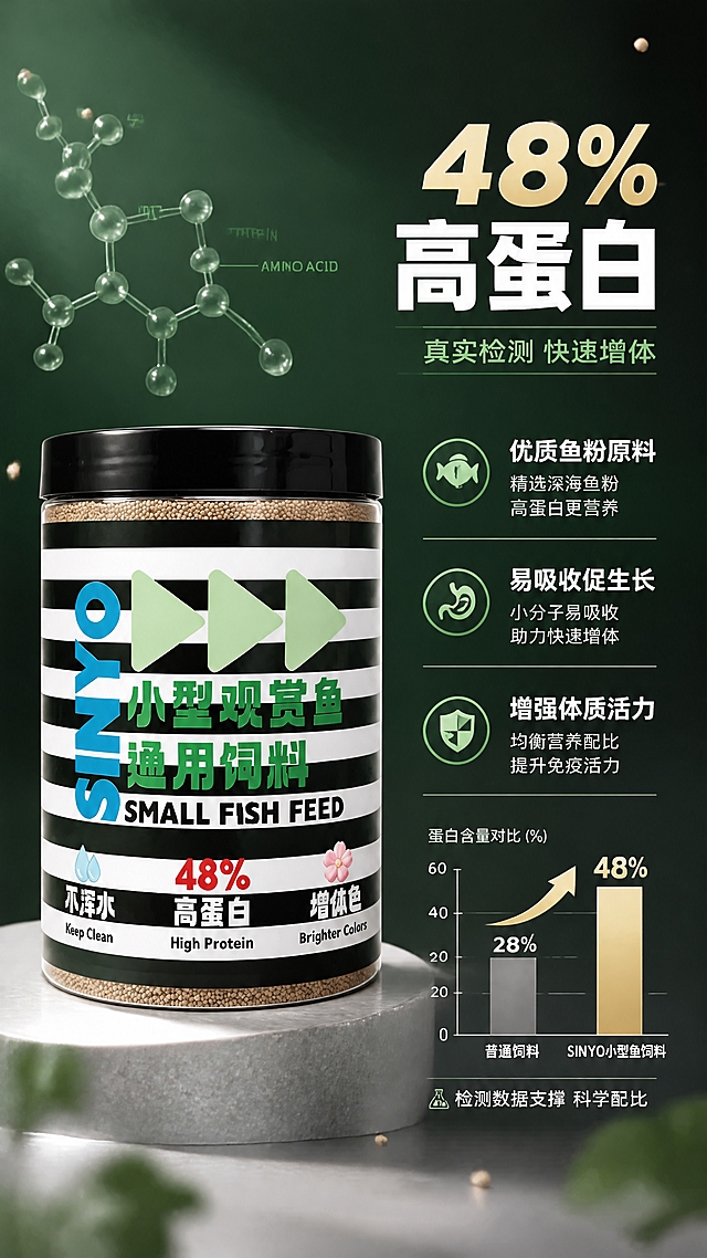 [第3张] 详情页功效解析-48%高蛋白快速增体。本张使用【图1】作为商品主体展示。
[氛围/风格] INS风高端科学感，成分解析风，精致专业，商业摄影质感。
[元素布局] 饲料罐位于画面左侧，占比约40%，罐体与输入图完全一致；右侧为蛋白成分解析区域，包含蛋白质分子结构线条图、数据柱状图示意；背景为深浅渐变的墨绿色调，底部有浅灰色台面；画面中点缀漂浮的微小颗粒元素，象征营养成分。
[光影质感] 左侧主光打亮罐体，右侧区域柔和背光，整体偏暗调高级感，罐体有清晰轮廓光。
[配色色系] 全局底色 #1A3A2A（深墨绿渐变）；主色白色 + 薄荷绿；辅助色金色数据高亮；文字以白色为主。
[视角构图] 左右分栏构图，左产品右信息，阅读动线从左到右。
[文字版式] 版式为左侧产品 + 右侧信息区。右侧顶部大标题「48%高蛋白」，白色粗体，数字48%用金色高亮；副标题「真实检测 快速增体」，薄荷绿细体；下方三条信息点配简约图标：「优质鱼粉原料」「易吸收促生长」「增强体质活力」；底部小字「检测数据支撑 科学配比」。文字全部右对齐，层次分明。
[比例分辨率] 9:16竖版比例，4K分辨率，文字清晰可辨，高清画质。
[负向提示词] 罐体变形，包装文字错乱，颜色偏差，水印，文字过小，产品图模糊，数据图表错乱。