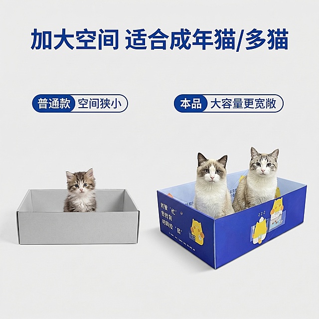 [垫图] https://gdesign-dam-hz.dancf.com/35931094627763316/b862ab4f001745f482ec32a0a53f22be.png
[主图主题] 一次性猫砂盆大容量展示
[氛围/风格] 对比直观风，简洁干净高级
[画面元素] 采用左右对比排版，左侧是普通小尺寸猫砂盆仅容纳一只小猫，右侧是本款大容量一次性猫砂盆可轻松容纳两只成年猫，背景统一为浅灰色干净背景，对比清晰，产品外观和原图保持一致
[配色色系] 左侧浅灰底，右侧本款产品保持原蓝白配色，深蓝色对比标注文字，对比清晰
[视角构图] 左右对称对比构图，平视视角，主体均居中放置，突出大小差异对比
[文字版式] 顶部主标题 "加大空间 适合成年猫/多猫", 粗深蓝色字体；左侧标注 "普通款 空间狭小"，右侧标注 "本品 大容量更宽敞", 对侧放置对应文字，白字蓝底胶囊标签，清晰点明对比差异
[比例分辨率] 1:1 比例，2k 分辨率