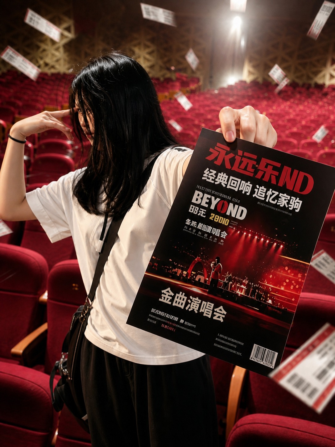 将第二张图剧场场景中的女生替换为第一张图中的女生形象：黑色长直… - 图片创意预览