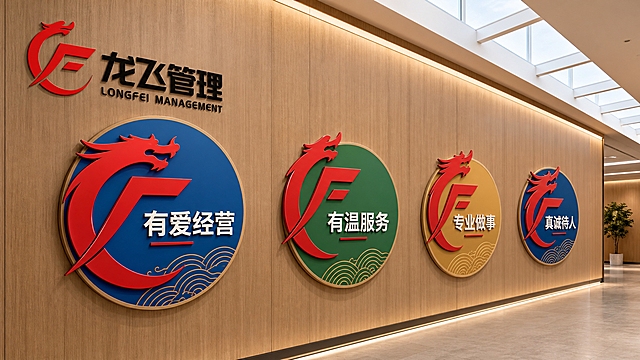 现代企业走廊文化墙设计，暖棕色木质墙面，顶部有长条天窗自然光，走廊透视角度。墙面上沿走廊纵深方向依次排列四个立体文化版块，每个版块由一个圆形背景色块+龙形主题图案+文字组成。主题图案基于龙飞管理LOGO的红色龙形F字母造型重新设计，每个版块的龙形图案有不同的姿态变化，保持红色主色调。四个版块分别为：第一版块蓝色圆形背景配红色龙形图案+文字"有爱经营"，第二版块绿色圆形背景配红色龙形图案+文字"有温服务"，第三版块金色圆形背景配红色龙形图案+文字"专业做事"，第四版块深蓝色圆形背景配红色龙形图案+文字"真诚待人"。画面左上角有完整的"龙飞管理"LOGO（红色龙形F图标+黑色"龙飞管理"文字+英文LONGFEI MANAGEMENT）。图形为立体亚克力材质，有轻微厚度和阴影，整体风格现代简约、专业大气、企业感强。不要大象图形，全部替换为龙形主题图案。视角为走廊透视，从近到远依次排列，景深自然，光线柔和。画面中所有文字必须清晰可读，文字内容准确无误。版式精美，构图均衡，企业文化氛围浓厚。