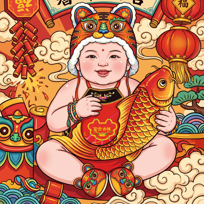 「图片1」生成一张百天宝宝穿这款肚兜、头戴老虎帽、脚穿老虎鞋、手腕戴五彩绳、怀抱大鲤鱼、手绳的图片，中国传统年画风格1:1预览效果