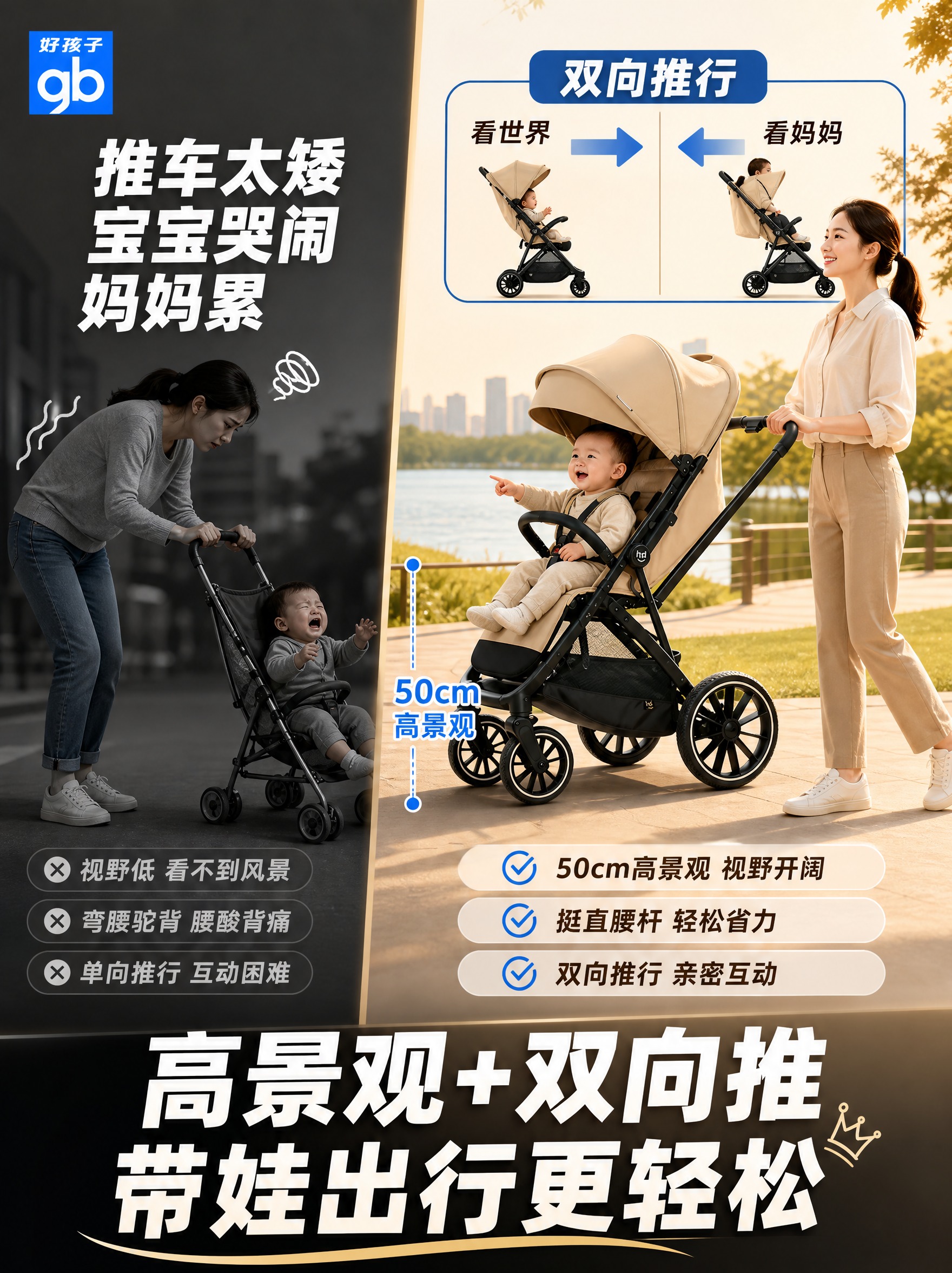 [主图-2] 抖音版痛点功能图，直击宝妈带娃出行痛点，展示双向… - 图片创意预览