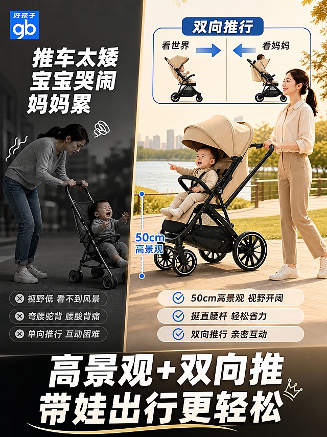 [主图-2] 抖音版痛点功能图，直击宝妈带娃出行痛点，展示双向推行+高景观两大核心解决点，强对比强冲击。
[统一基调] 抖音兴趣电商风格，3:4竖版，左右对比构图，左侧痛点右侧解决方案，强视觉冲击；主色调为深灰痛点区+暖米色解决区；标题字色白色大字；字体粗黑体，冲击力强；整体高端不廉价。
[画面] 竖版左右分屏对比构图，左侧约占40%为深灰色痛点场景：一位妈妈弯腰驼背推普通矮推车，宝宝哭闹看不到风景，配大号白字"推车太矮 宝宝哭闹 妈妈累"；右侧约占60%为明亮暖色调解决方案：好孩子高景观推车，妈妈挺直腰杆轻松推行，宝宝坐在50cm高座椅上面带微笑看风景，推车旁有高度标注线标注"50cm高景观"；右侧推车上方展示双向推行示意：一个向前箭头标"看世界"，一个向后箭头标"看妈妈"；画面底部有大字号粗体标题："高景观+双向推 带娃出行更轻松"；左上角好孩子品牌Logo。
[光影质感] 左侧暗调压抑感，右侧明亮温暖有阳光，对比强烈；推车质感真实，人物自然，整体有电影级对比感。
[配色] 左侧深灰冷色调，右侧暖米+阳光暖金色，白色大字标题，品牌蓝标注线。
[文字版式] 左右对比大字标题，痛点区文字醒目，解决区产品突出；底部大标题总结；全部中文，口语化痛点表达。
[输出要求] 3:4竖版，2048x2732，对比强烈，产品清晰，文字醒目可读，无水印、无错字、无杂乱元素。