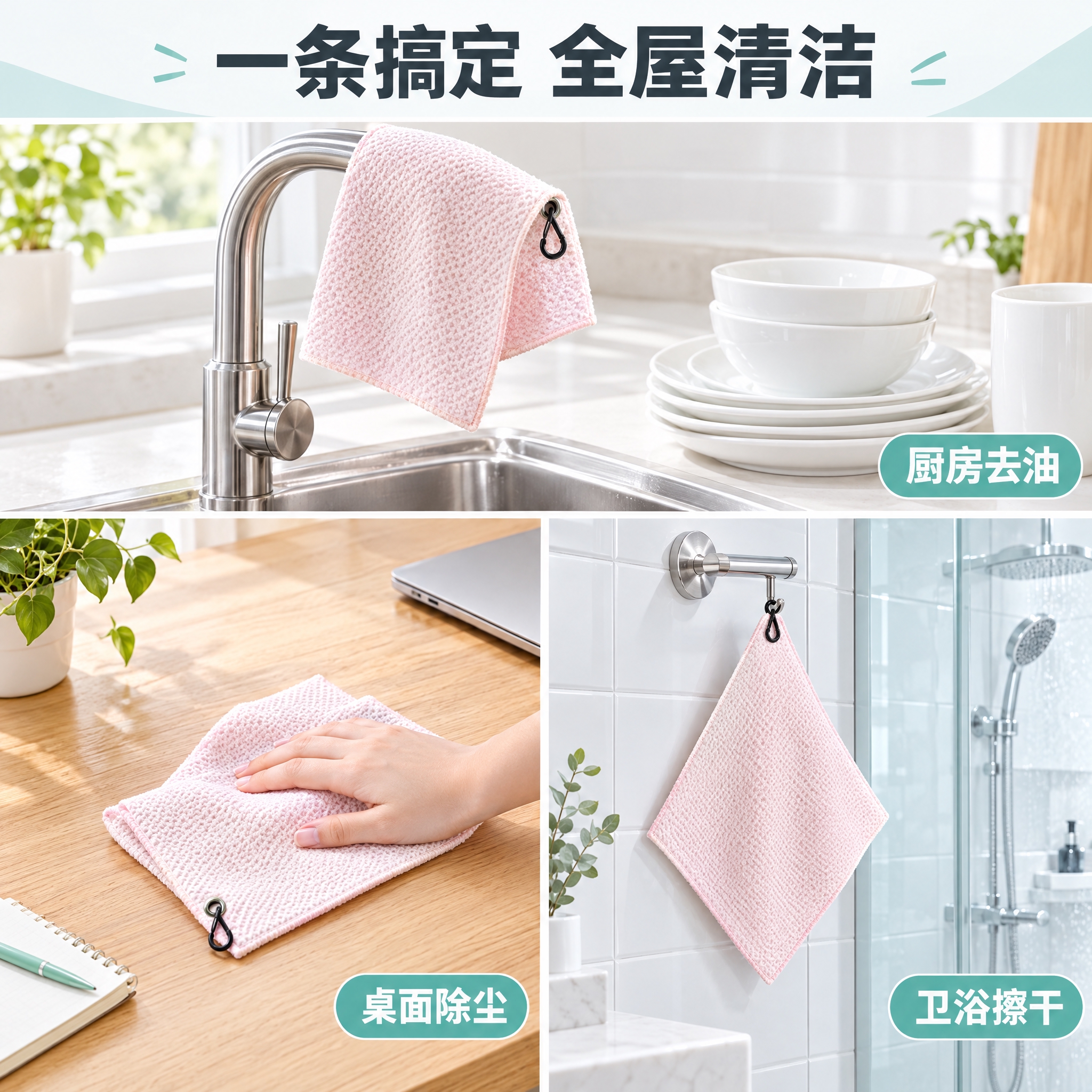 [主图-4] 多场景适用与使用方式。展示抹布在不同家居场景的使… - 图片创意预览