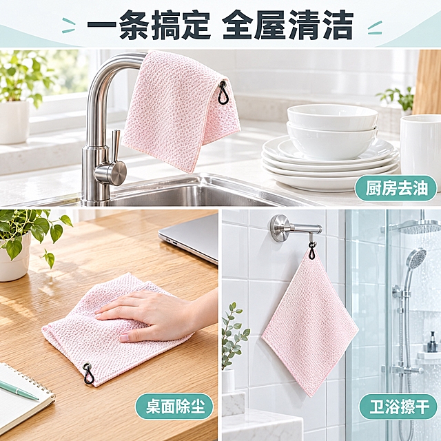 [主图-4] 多场景适用与使用方式。展示抹布在不同家居场景的使用，体现多功能性。
[统一基调] 国内淘宝日用清洁类主图，整体洁净明亮、清爽通透，主色为浅粉+白+浅灰，点缀清透蓝绿；字体为简洁无衬线粗体，标题字深灰近黑，辅助字中灰，强调色用清透蓝绿；画面干净有层次，无多余杂物。
[画面] 三宫格场景拼图，每格展示一个不同使用场景。左上格：厨房场景，抹布搭在不锈钢水龙头上，旁边是干净的陶瓷碗碟，体现餐具擦拭；右下格：浴室场景，抹布挂在毛巾架挂钩上（通过挂扣悬挂），背景是白色瓷砖和玻璃淋浴房，体现卫浴清洁；左下格：桌面场景，一只手（自然放松的女性手部，只露出手腕和手掌）拿着抹布擦拭木质桌面，旁边有笔记本和绿植，体现日常除尘。三格之间用细白线分隔，每格都有浅粉色抹布清晰出现，颜色和材质保持一致。
[光影质感] 每个场景都是明亮自然光，产品自然融入场景，光影统一柔和，真实家居氛围。
[配色] 三个场景分别以厨房暖白、浴室冷白、桌面木色为主调，产品浅粉色贯穿统一。
[文字版式] 顶部通栏大标题"一条搞定 全屋清洁"，每格右下角分别标注小字"厨房去油""卫浴擦干""桌面除尘"。文字简洁不抢画面。
[输出要求] 1:1正方形，2K分辨率，三宫格构图清晰，产品在每格中都清晰可辨，场景真实自然，无水印无平台Logo。禁止人物面部、手部畸形、产品变形。